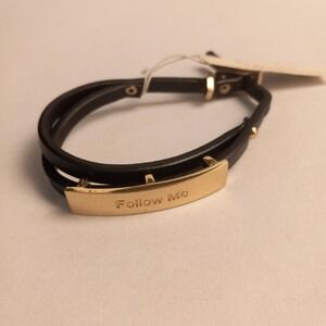 Kenneth Cole New York Black Leather Wrap Bracelet Gold Follow Me ID Bar NWT‎